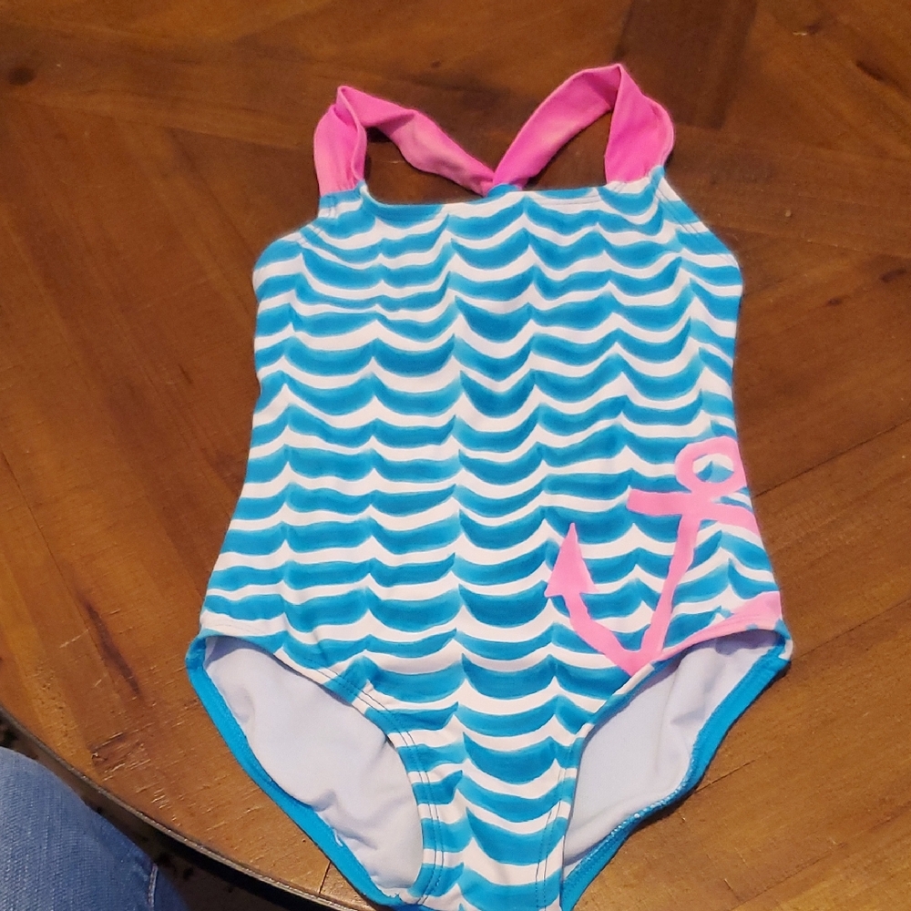 Xhilaration Kids One Piece Swimsuit with Blue Waves and Pink Anchor
